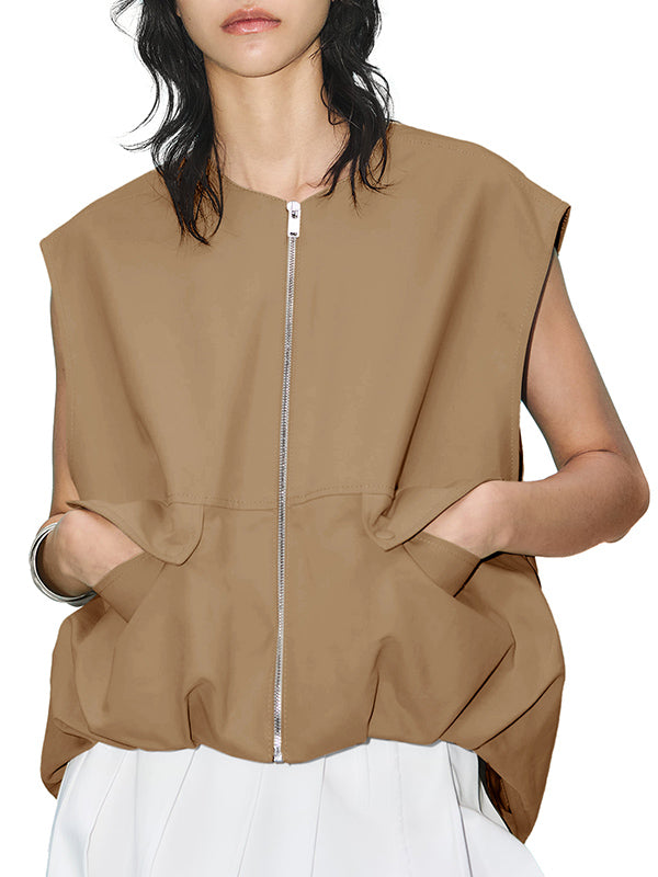 Loose Sleeveless Pockets Split-Joint Zipper Round-Neck Vest Outerwear