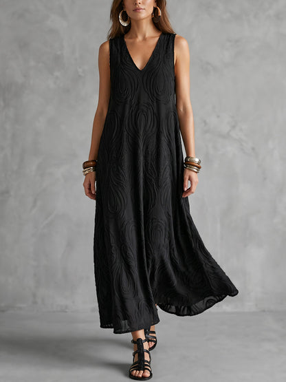A-Line Loose Jacquard Solid Color V-Neck Midi Dresses