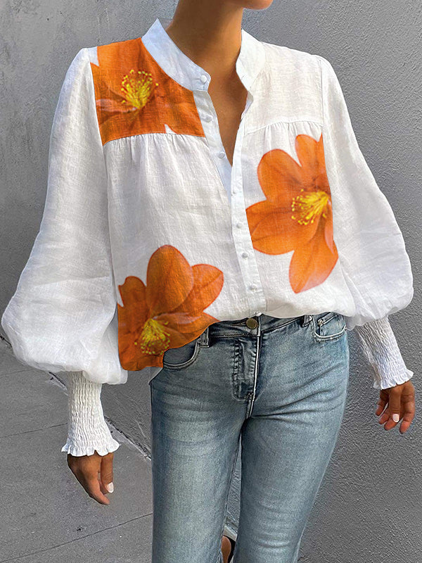 Loose Puff Sleeves Buttoned Flower Print Stand Collar Blouses&Shirts Tops