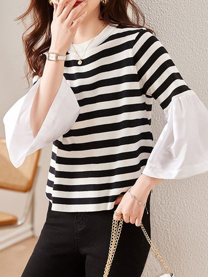 Flared Sleeves Long Sleeves Pleated Split-Joint Striped Round-neck T-Shirts Tops