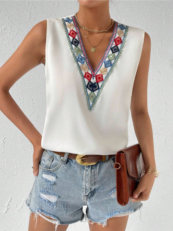 Loose Sleeveless Embroidered Split-Joint V-Neck Vest Top