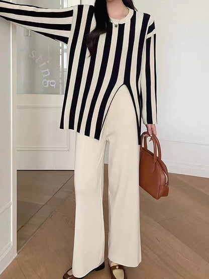Long Sleeves Loose Pleated Split-Front Striped Round-Neck T-Shirt Top + Pants Bottom Two Pieces Set