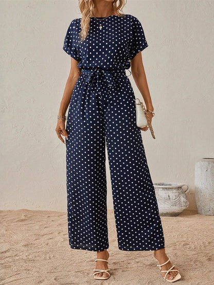 High Waisted Ninth Pants Contrast Color Polka-Dot Split-Joint Tied Waist Round-Neck Jumpsuits