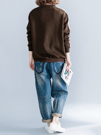 Cropped Long Sleeves Striped Round-Neck Hoodies&Sweatshirt