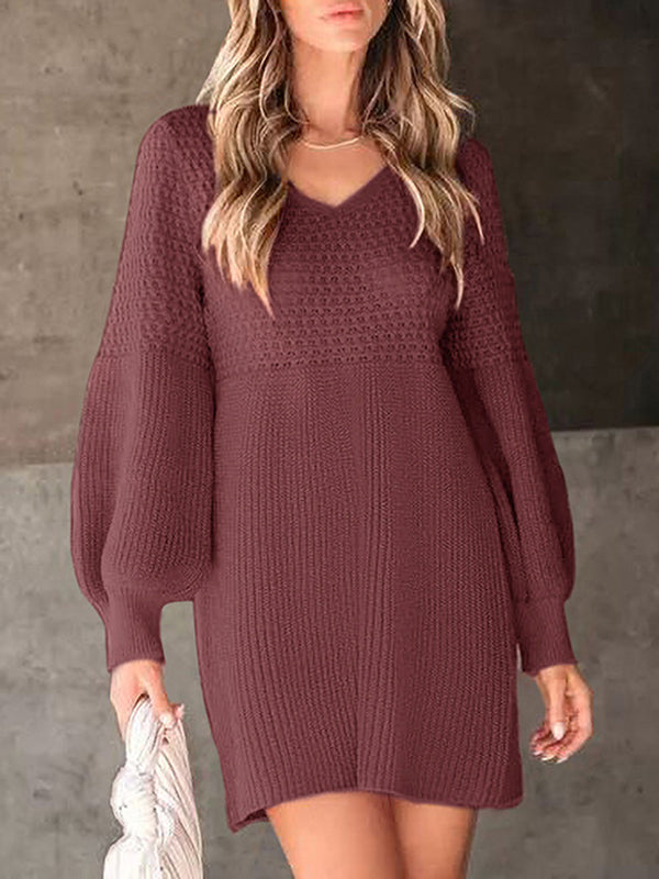 Long Sleeves Puff Sleeves Solid Color Split-Joint V-Neck Mini Dresses Sweater Dresses