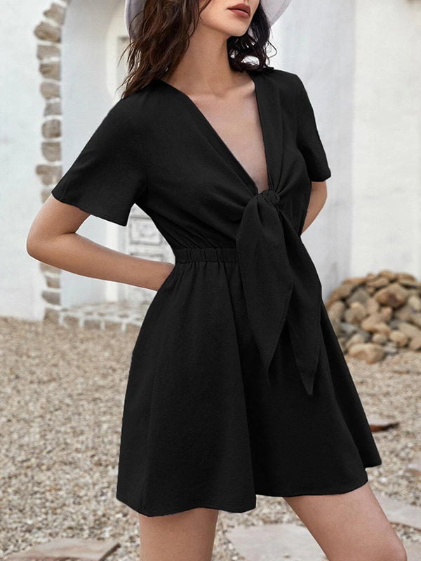 A-Line Loose Elasticity Knot Pleated Solid Color Deep V-Neck Mini Dresses