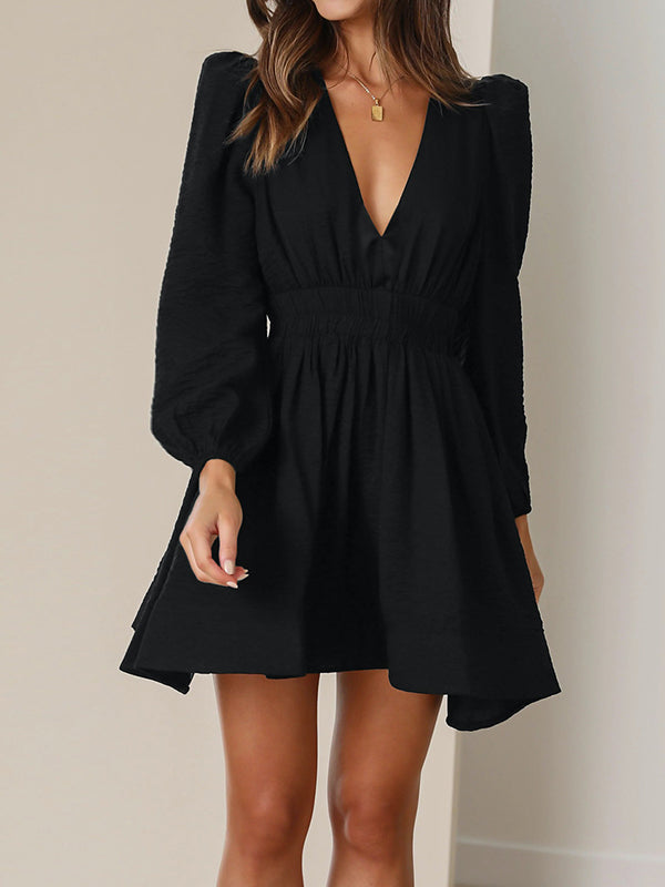 High Waisted Long Sleeves Elasticity Pleated Solid Color Deep V-Neck Mini Dresses