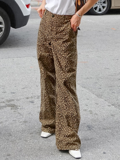 High Waisted Loose Leopard Printed Split-Joint Pants Trousers