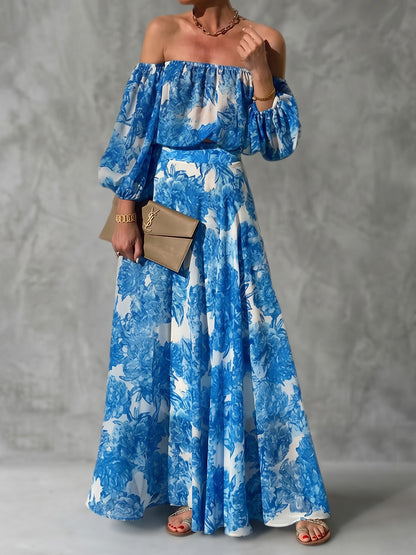 Long Sleeves Puff Sleeves Contrast Color High-Waisted Pleated Printed Split-Joint Off-The-Shoulder Maxi Dresses
