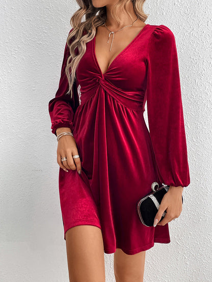 A-Line High Waisted Knot Pleated Solid Color Split-Joint Velvet Deep V-Neck Mini Dresses