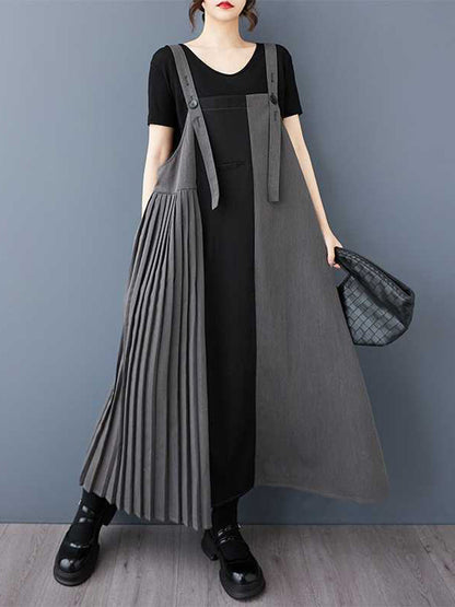 A-Line Loose Asymmetric Buttoned Contrast Color Pleated Pockets Split-Joint Adjustable Straps Midi Dresses