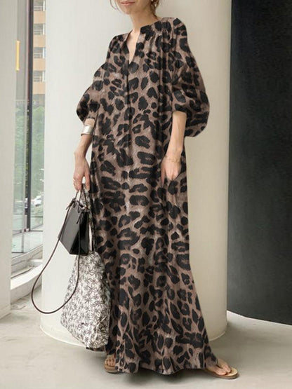 Half Sleeves Loose Contrast Color Leopard Pleated V-Neck Maxi Dresses