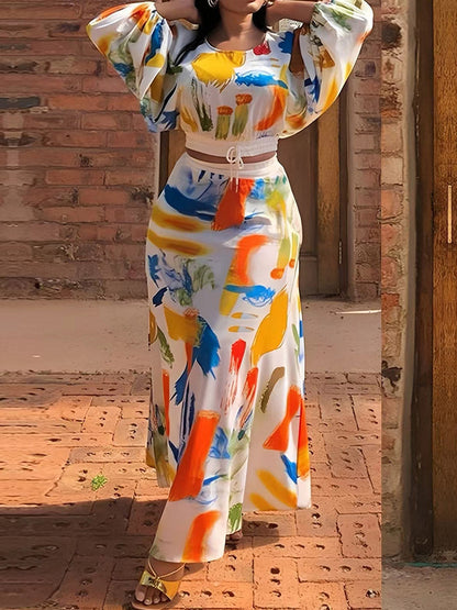 Cropped Elasticated Waist Contrast Color Drawstring Graffiti Printed Pleated Split-Joint Round-Neck Blouses&Shirts Tops