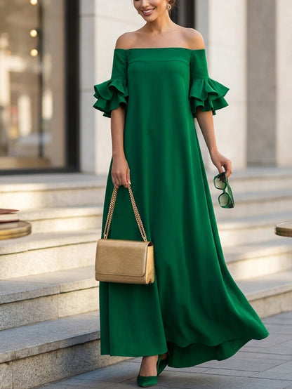 Half Sleeves Loose Solid Color Off-The-Shoulder Maxi Dresses