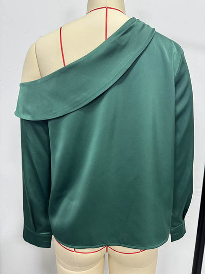 Long Sleeves Skinny Pleated Solid Color Split-Joint One-Shoulder Blouses&Shirts Tops