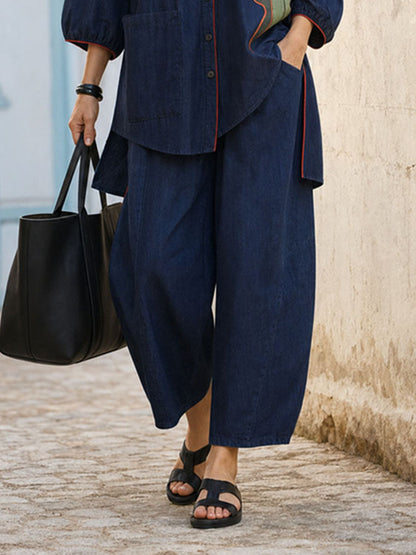 Solid Color Pockets Wide Leg Loose Pants