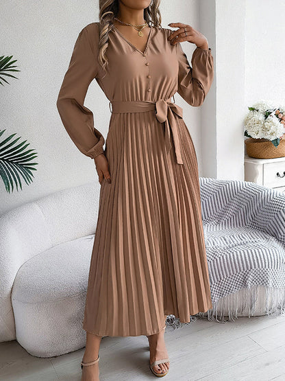 High Waisted Long Sleeves Belted Buttoned Pleated Solid Color V-Neck Maxi Dresses