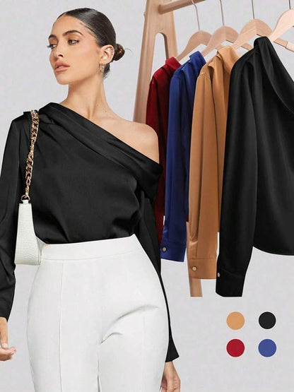Long Sleeves Skinny Pleated Solid Color Split-Joint One-Shoulder Blouses&Shirts Tops