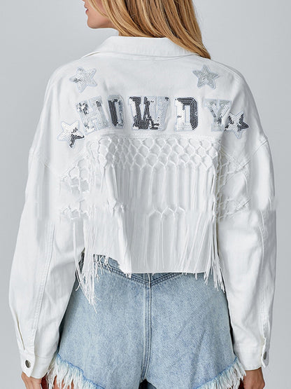 Long Sleeves Loose Sequined Split-Joint Tasseled Lapel Denim Jackets