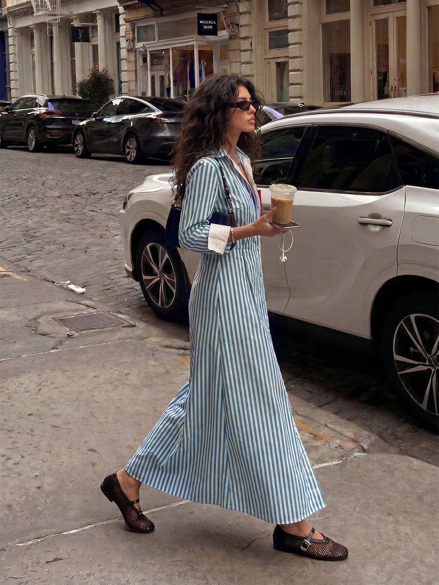 Striped Split-Joint Pockets Contrast Color Buttoned Long Sleeves High Waisted Lapel Midi Dresses
