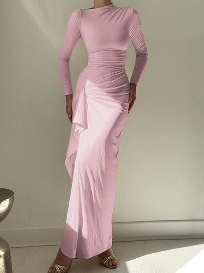 Bodycon High Waisted Asymmetric Pleated Ruffled Solid Color Split-Joint Round-Neck Maxi Dresses