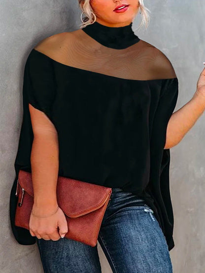 Batwing Sleeves Plus Size Cape See-Through Solid Color Split-Toe High-Neck Blouses&Shirts Tops