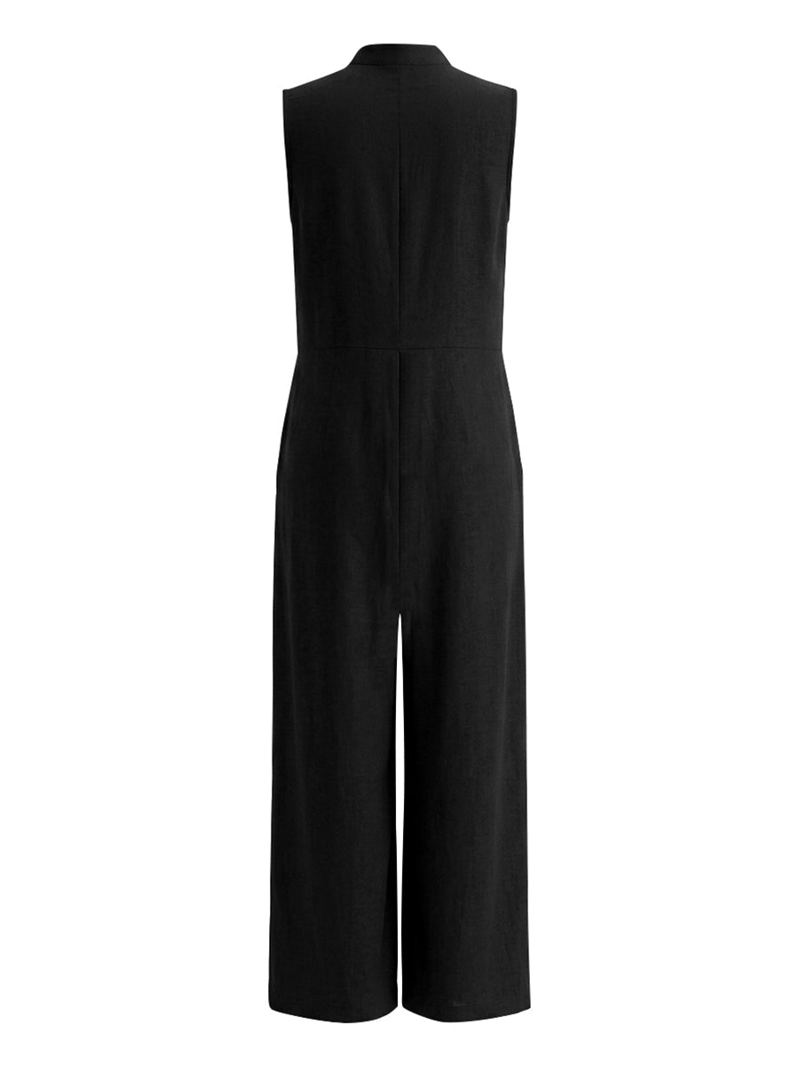 High Waisted Sleeveless Buttoned Pockets Solid Color Stand Collar Jumpsuits