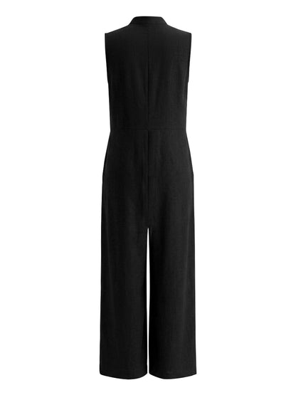 High Waisted Sleeveless Buttoned Pockets Solid Color Stand Collar Jumpsuits