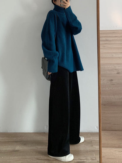 Long Sleeves Loose Solid Color Split-Side High-Neck Knitwear Pullovers Sweater Tops