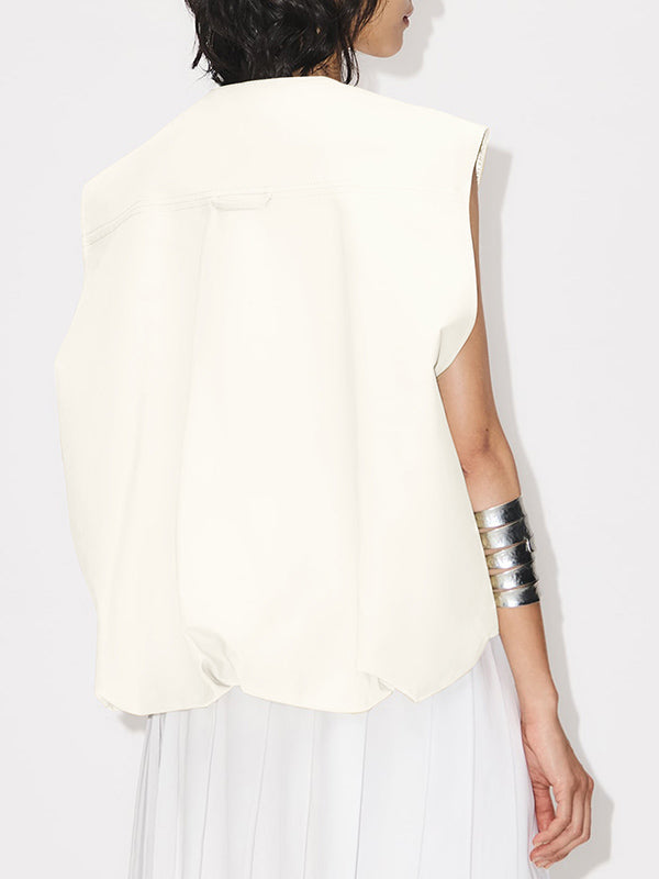 Loose Sleeveless Pockets Split-Joint Zipper Round-Neck Vest Outerwear