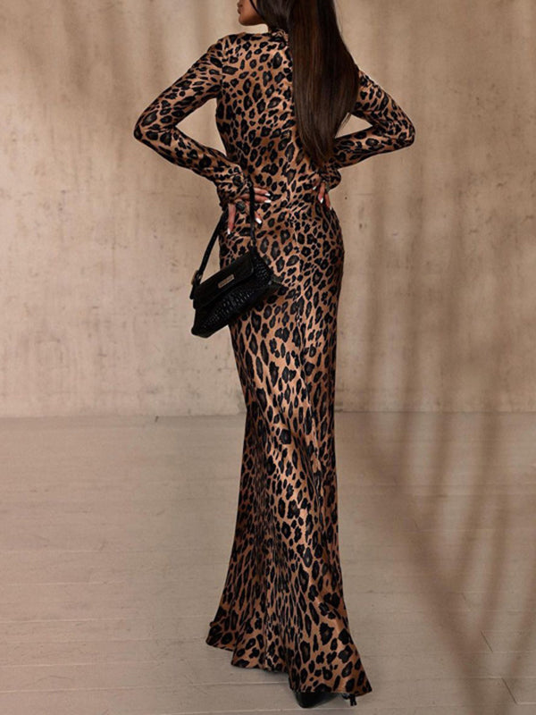Bodycon High Waisted Leopard Zipper Round-Neck Maxi Dresses