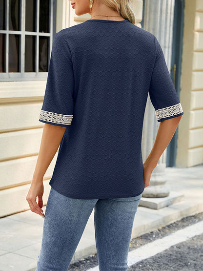 Loose Short Sleeves Contrast Color Hollow Split-Joint V-Neck T-Shirts Tops
