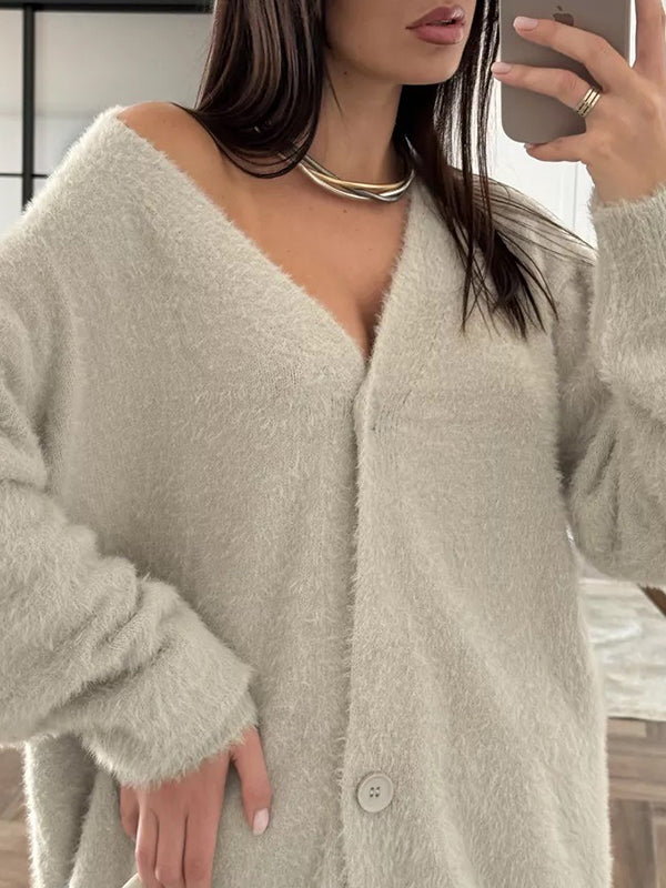 Long Sleeves Loose Buttoned Solid Color V-Neck Cardigan Tops