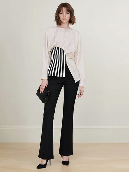 Irregularity Long Sleeves Asymmetric Pleated Split-Joint Striped Zipper Round-Neck Blouses&Shirts Tops