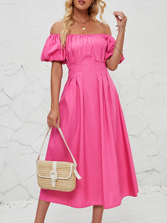 Loose Puff Sleeves Elasticity Pleated Solid Color Split-Joint Off-The-Shoulder Midi Dresses