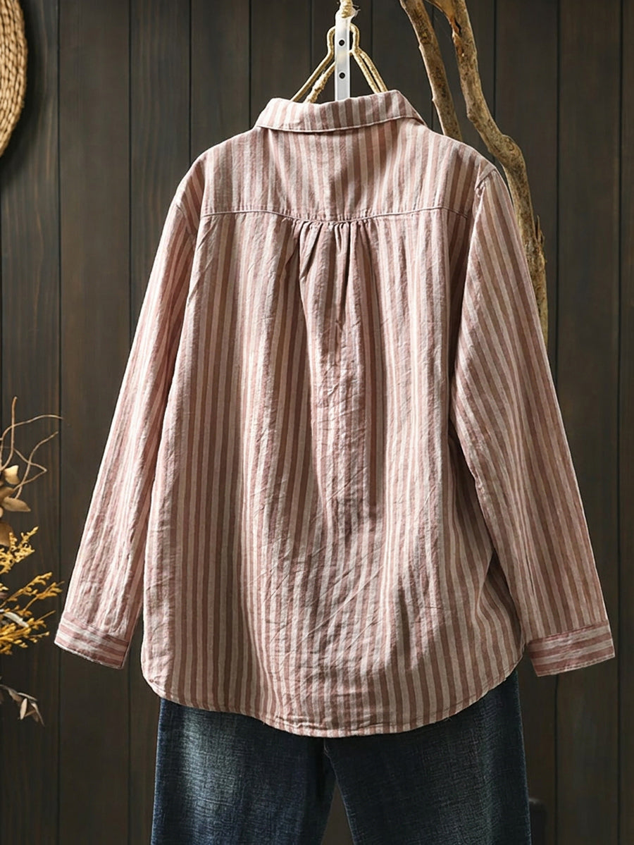 Plus Size Women Stripe Turn-down Collar 100%Cotton Long Sleeve Shirt