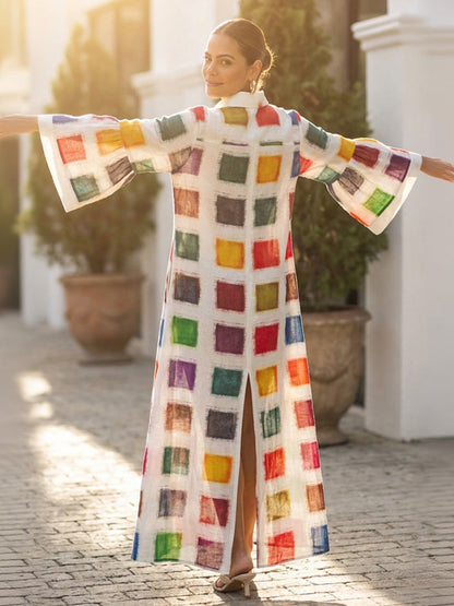 Flared Sleeves Long Sleeves Contrast Color Printed Split-Back Split-Joint Lapel Maxi Dresses