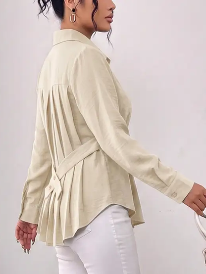 Tied Split-Joint Solid Color Pockets Pleated Buttoned Long Sleeves Lapel Blouses&Shirts Tops