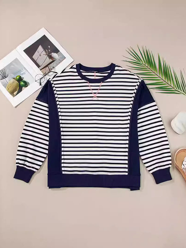Long Sleeves Loose Split-Joint Striped Round-Neck T-Shirts