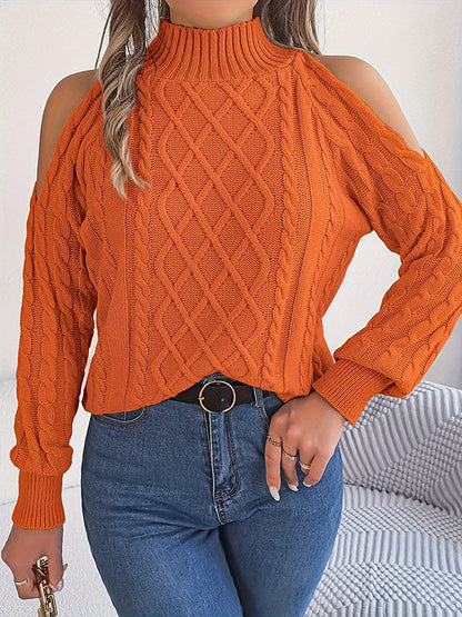 Long Sleeves Loose Hollow Solid Color Cold Shoulder Pullovers Sweater Tops