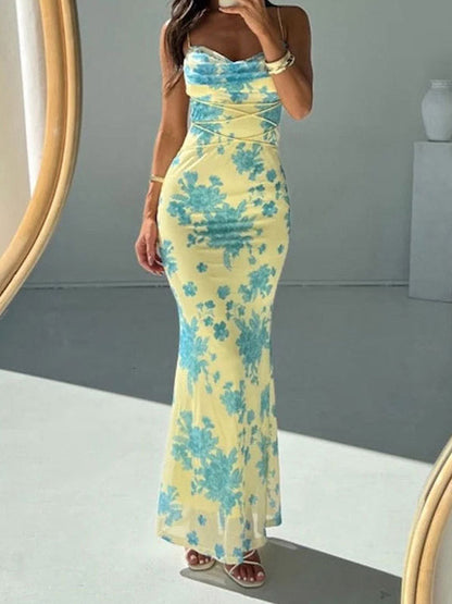 Bodycon High Waisted Contrast Color Flower Print Split-Joint Tied Spaghetti-Neck Maxi Dresses