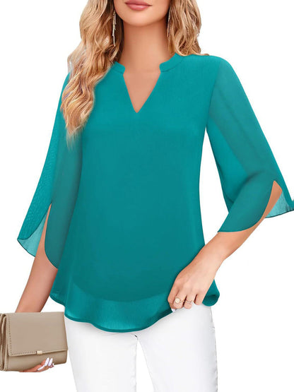 Half Sleeves Loose Solid Color V-Neck Blouses&Shirts Tops
