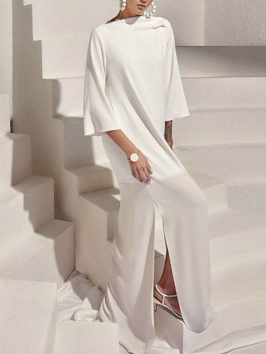 Loose Three-Quarter Sleeves Solid Color Split-Side Boat Neck Maxi Dresses