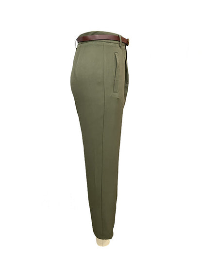 High Waisted Loose Buttoned No Belt Pleated Pockets Suit Pants