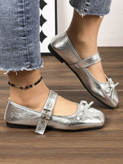 Bow-Embellished Buckle Split-Joint Square-Toe Sandals