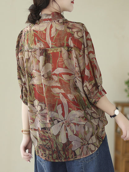 Long Sleeves Loose Buttoned Flower Print Tied Lapel Blouses&Shirts Tops