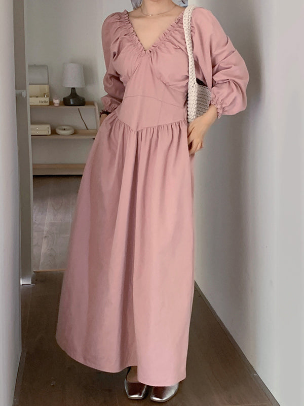 Bishop Sleeve Long Sleeves Elasticity Pleated Ruffled Solid Color Split-Joint Deep V-Neck Midi Dresses