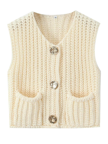 Sleeveless Buttoned Pockets Solid Color Cardigan Tops Knit Top