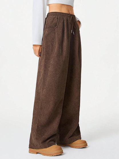High Waisted Wide Leg Drawstring Elasticity Pockets Solid Color Pants Trousers