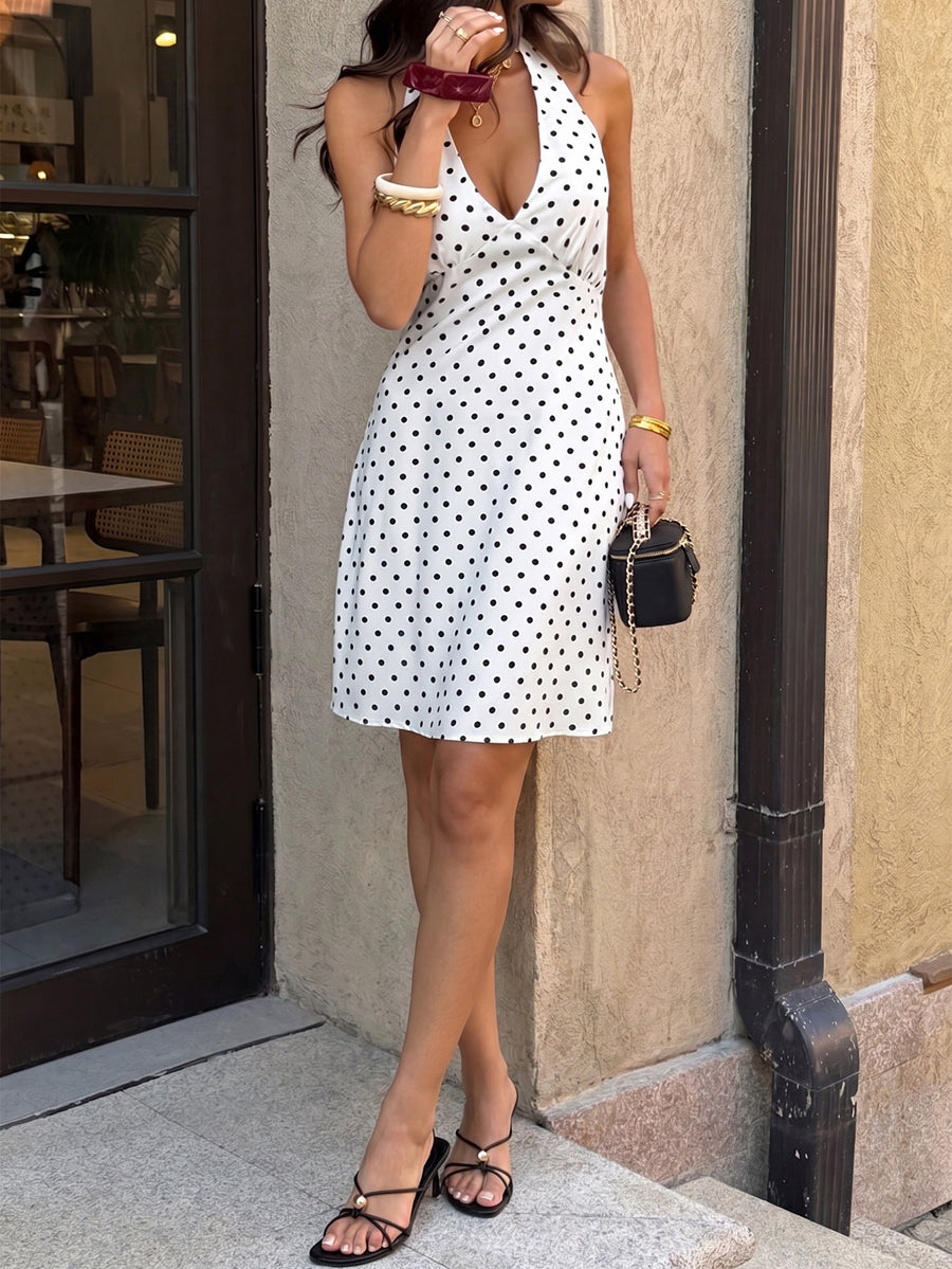 Tied Split-Joint Polka Dot Backless Sleeveless High Waisted Halter-Neck Mini Dresses